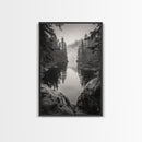 Misty Forest, River Reflection, Foggy Pines, Mountain Silence, Framed Canvas Print, Bedroom Wall Art, Tranquil Nature Photography, Zen Decor
