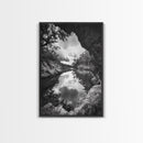 Serene River Reflection, Cave View, Monochrome Nature, Framed Canvas Print, Living Room Wall Art, Tranquil Landscape, Minimalist Decor