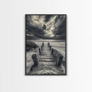 Stormy Beach Dock, Dramatic Skies, Coastal Mood, Framed Canvas Print, Fall Wall Art, Entryway Decor, Moody Seascape, Rustic Coastal Home