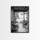 Rustic Porch View, Cabin Serenity, Lakefront Rocking Chairs, Framed Canvas Print, Farmhouse Wall Art, Living Room Decor, Fall Home Style