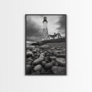 Lighthouse Shore Rocks, Coastal Beacon, Moody Clouds, Framed Canvas Print, Nautical Wall Art, Rustic Beach House Decor, Fall Storm Style
