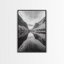 Fjord Reflection, Mountain Valley Calm, Mirror Lake, Canvas Print, Hallway Wall Art, Scandinavian Style Art, Black and White Minimalist