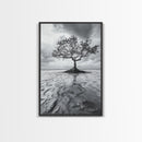 Lonely Tree, Coastal Roots, Ocean Breeze, Framed Canvas Print, Entryway Wall Art, Moody Nature Photography, Minimalist Earth Tones