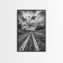 Forest Trail, Overcast Sky, Nature Pathway, Moody Landscape, Framed Canvas Print, Office Wall Art, Woodland Autumn Decor