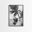 Tropical Bull, Palm Tree, Island Wildlife, Rural Photography, Framed Canvas Print, Kitchen Wall Art, Exotic Boho Decor, farmhouse decor