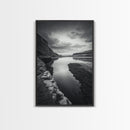 River Gorge, Twilight Reflections, Cliffside Calm, Canvas Print, Moody Black White Wall Art, Bedroom or Office Decor, Dramatic Landscape