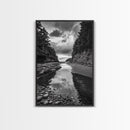 Tide Pool, Forest Reflection, Coastal Calm, Framed Canvas Print, Black White Nature Art, Bathroom or Bedroom Decor, Tranquil Scene