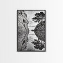 Reflected Trees, Peaceful Cove, Monochrome Seascape, Tranquil Decor, Framed Canvas Print, Zen Wall Art, Entryway Print, Coastal Calm