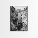 Mountain Gorge, Rugged Canyon, Flowing Stream, Wilderness Explorer, Framed Canvas Print, Cabin Wall Art, Adventurous Rustic Style