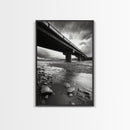 Stormy Bridge, River Rocks, Dramatic Sky, Modern Landscape, Framed Canvas Print, Moody Photography, Office Wall Art, Minimalist Decor