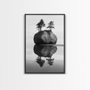 Island Reflection, Twin Trees, Still Water, Minimal Seascape, Framed Canvas Print, Bedroom Wall Art, Zen Decor, Black and White Art