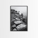 Shore Rocks, Sunlit Ocean, Rugged Texture, Minimal Horizon, Framed Canvas Print, Entryway Wall Art, Beach Decor, Neutral Tones