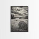 Autumn Hay Bale, Farm Field Scene, Country Landscape, Black and White Canvas Print, Rustic Kitchen or Fall Living Room Wall Art