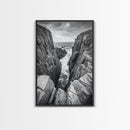 Ocean Cliff Pass, Rugged Coastal Rocks, Nature Power, Monochrome Framed Canvas Print, Moody Bathroom or Masculine Office Art