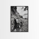 Deserted Leather Satchel, Coastal Adventure, Weathered Texture, Black and White Canvas Print, Vintage Office or Studio Wall Art