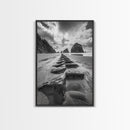 Ocean Rocks, Beach Landscape, Cloudy Sky, Rugged Coast, Canvas Print, coastal adventure wall art, living room decor, nature lover gift