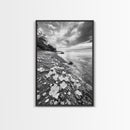 Flower Shore, Peaceful Beach, Moody Sky, Petal Scape, Framed Canvas Print, romantic beach art, bedroom decor, black and white floral print