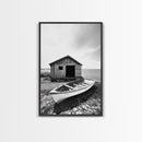 Shore Cabin, Rowboat Rest, Coastal Cabin, Serene Shoreline, Canvas Print, Lake House Wall Art, Rustic Decor, Living Room Seaside Art
