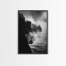 Stormy Cliffs, Ocean Fog, Monochrome Coast, Wild Nature Framed Canvas Print, moody wall art, rustic living room decor, dark aesthetic