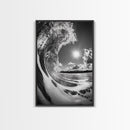 Wave Photography, Surfer Dream, Sea Curl Motion, Framed Canvas Print, Coastal Wall Art, Beach House Decor, Monochrome Ocean Style