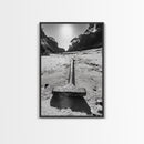 Industrial beach relic, iron hammer, rustic textures, minimalist black and white, Canvas Print, man cave art, coastal masculine decor