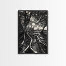 Sunlit Forest Roots, Tree Shadows, Golden Light, Framed Canvas Print, Boho Nature Wall Art, Bedroom Wall Decor, Earthy Tones