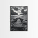 Ocean Pier Sunset, Dramatic Clouds, Seascape Pathway, Canvas Print, Coastal Living Room Art, Tranquil Decor, Minimalist Style