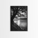 Tranquil Lake Sunset, Tree Silhouette, Calm Waters, Canvas Print, Nature Inspired Wall Art, Relaxing Bedroom Decor, Minimalist Zen