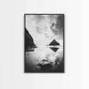 Remote beach reflection, lone hiker wanderlust, coastal rockscape, black white dreamscape, Framed Canvas Print, living room moody decor