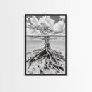 Half Underwater Tree, Split View Nature, Aquatic Roots, Stormy Skies, Framed Canvas Print, Coastal Wall Art, Unique Nature Photography