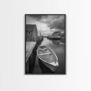 Docked Rowboat Scene, Calm Harbor, Coastal Village, Still Waters, Framed Canvas Print, Seaside Art, Beach House Wall Decor