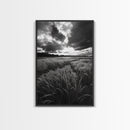Golden Grass Field, Dramatic Sunset, Autumn Skies, Nature Movement, Framed Canvas Print, Fall Landscape Art, Living Room Decor