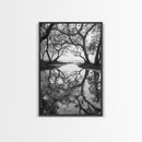 Misty Forest Trees, Reflection Photography, Nature Landscape, Canvas Print, Neutral Tones, Bedroom Wall Decor, Moody Autumn Forest Art