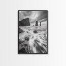 Sea Stacks Seascape, Ocean Art, Moody Coastline Print, Nature Photography, Framed Canvas Print, Living Room Wall Art, Black White Seaside