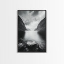 Mountain Lake, Nordic Fjord, Moody Water, Framed Canvas Print, Minimalist Wall Art, Serene Living Room Decor, Monochrome Nature Scene