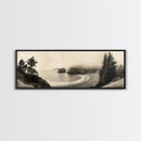 Misty Bay, Forested Coast, Moody Landscape, Serene Shoreline, Framed Canvas Print, Coastal Wall Art, Bedroom Decor, Earthy Tones