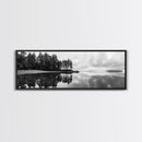 Reflected Pines, Quiet Lake, Forest Island, Calm Waters, Framed Canvas Print, Nature Photography, Minimal Wall Art, Office Decor