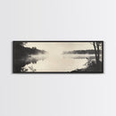 Misty River, Forest Reflection, Black and White Nature, Framed Canvas Print, Tranquil Decor, Bedroom Wall Art, Moody Minimalist Art
