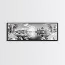 Mountain Reflections, Nature Panorama, Black and White Landscape, Framed Canvas Print, Living Room Wall Art, Modern Wilderness Decor