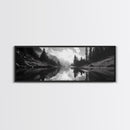 Alpine Lake Scene, Black and White Forest, Serene Mountain Print, Framed Canvas Print, Rustic Wall Art, Cabin Living Room Decor