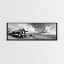 Seaside Bar, Beach Café, Oceanfront Dining, Cloudy Sky, Framed Canvas Print, Kitchen Wall Art, Black and White Tropical Art, Travel Decor