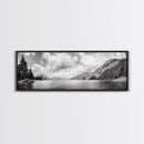 Mountain Lake, Forest Panorama, Serene Wilderness, Framed Canvas Print, Nature Lover Wall Art, Rustic Lodge Decor, Neutral Palette
