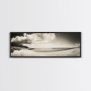 Cloudy Beach, Sandy Shoreline, Coastal Serenity, Framed Canvas Print, Neutral Tones Wall Art, Minimalist Bathroom or Hallway Decor