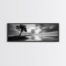Solitary Palm Tree, Ocean Storm, Moody Landscape, Beach Wall Decor, Framed Canvas Print, Coastal Living Room Art, Monochrome Photography