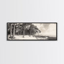 Pine Forest Coast, Tranquil Wilderness, Shoreline Trees, Earthy Coastal Scene, Framed Canvas Print, Rustic Wall Art, Autumn Cabin Decor