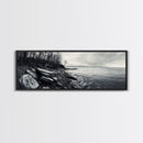 Misty Coast, Rocky Shore, Moody Seascape, Framed Canvas Print, Coastal Wall Art, Nature Photography, Rustic Bedroom Decor, Cabin Style