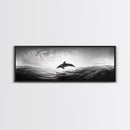 Ocean Dolphin Jump, Seascape Art, Black White Photography, Coastal Wall Decor, Canvas Print, Minimalist Bathroom Wall Art, Nautical Style