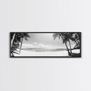 Tropical Beach Scene, Palm Tree Horizon, Ocean Serenity, Island Life, Framed Canvas Print, Coastal Wall Art, Living Room Decor, Minimalist Vibe