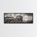 Island Shoreline, Rocky Coast View, Monochrome Nature, Framed Canvas Print, coastal kitchen decor, moody mountain beach wall art
