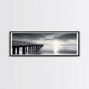Ocean Pier, Tranquil Horizon, Serene Seascape, Framed Canvas Print, black and white beach wall art, bedroom coastal minimalism